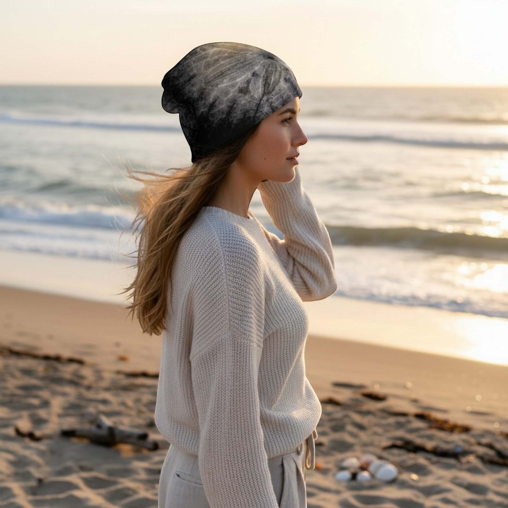 Van Isle Goddess Sand Dollar Spotlight Beanie with bamboo lining, grey and black sand dollar print, slouchy fit.