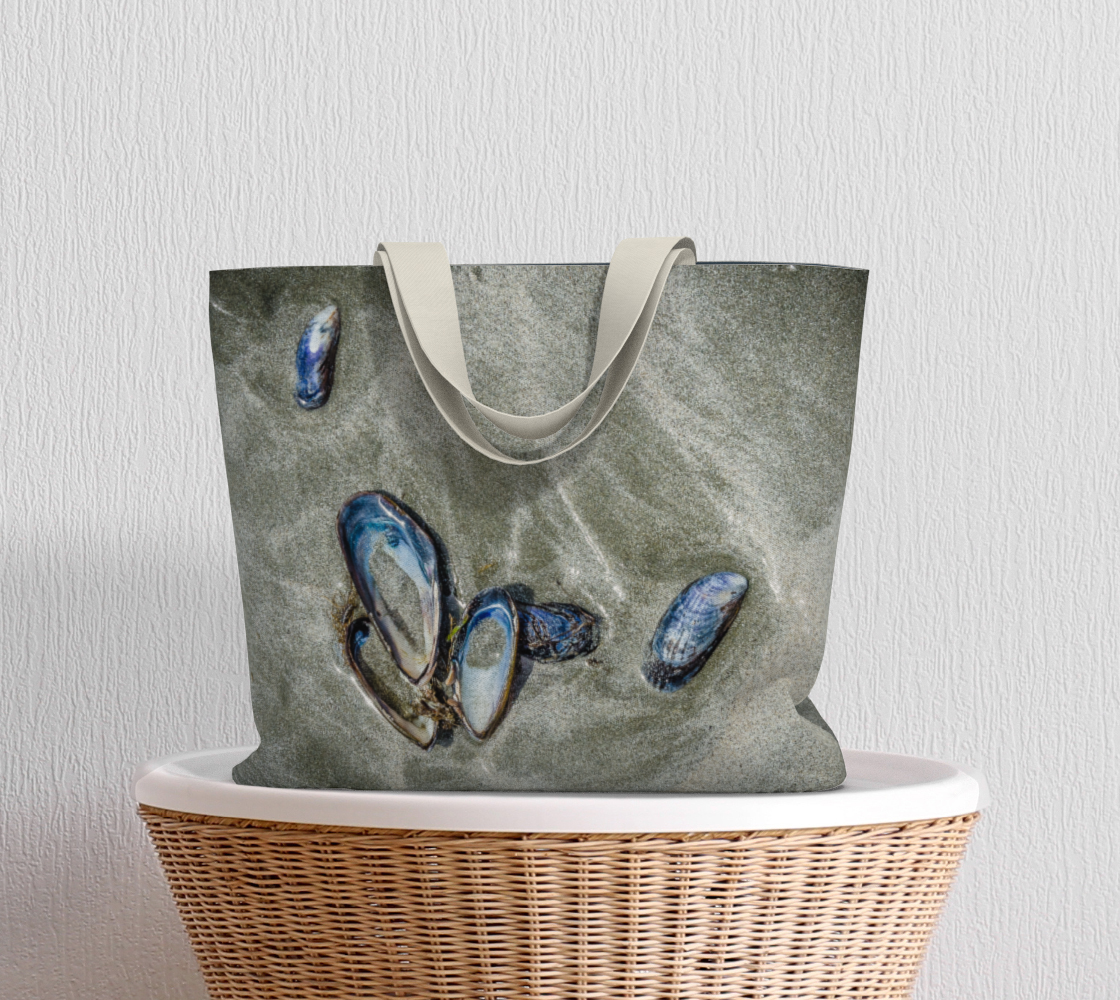 Van Isle Goddess Mussel Shells on Chesterman Beach oversized  Market Tote.