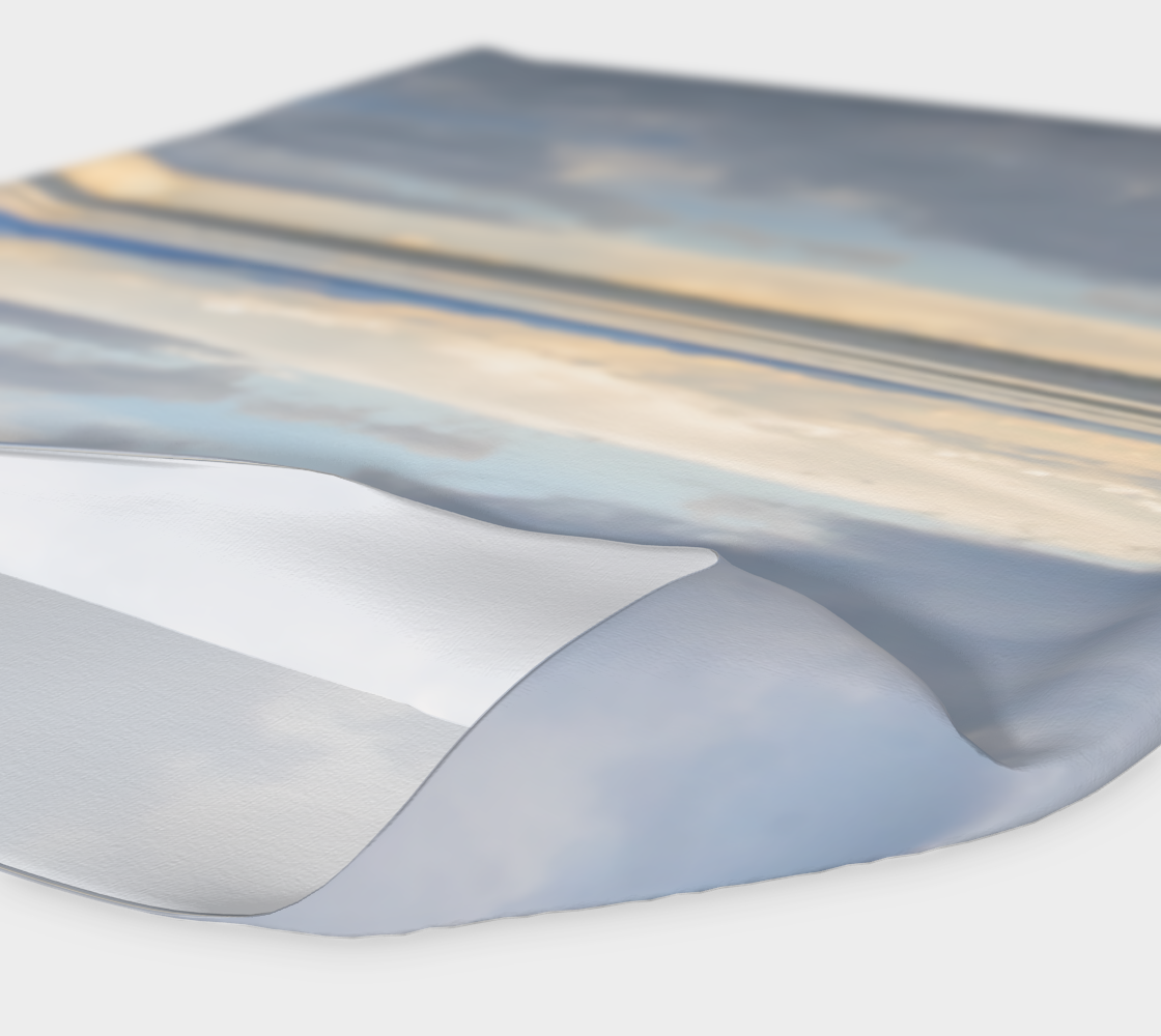 Light Language Parksville Beach Headband neck gaiter.  the image is of parksville beach in the early morning and the ocean was so calm it looked like glass.  soft colours.
