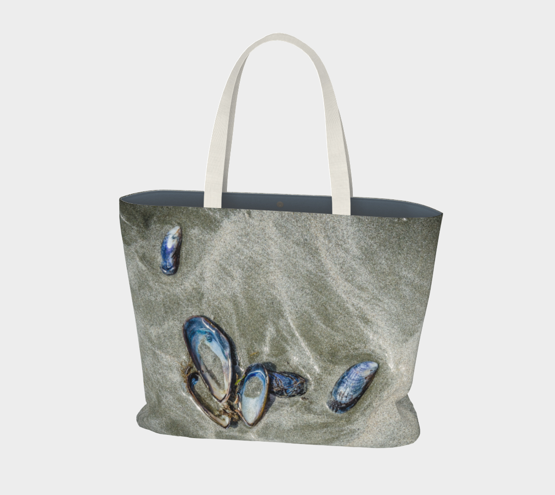 Van Isle Goddess Mussel Shells on Chesterman Beach oversized  Market Tote.