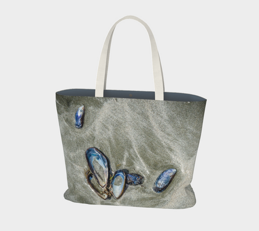 Van Isle Goddess Mussel Shells on Chesterman Beach oversized  Market Tote.