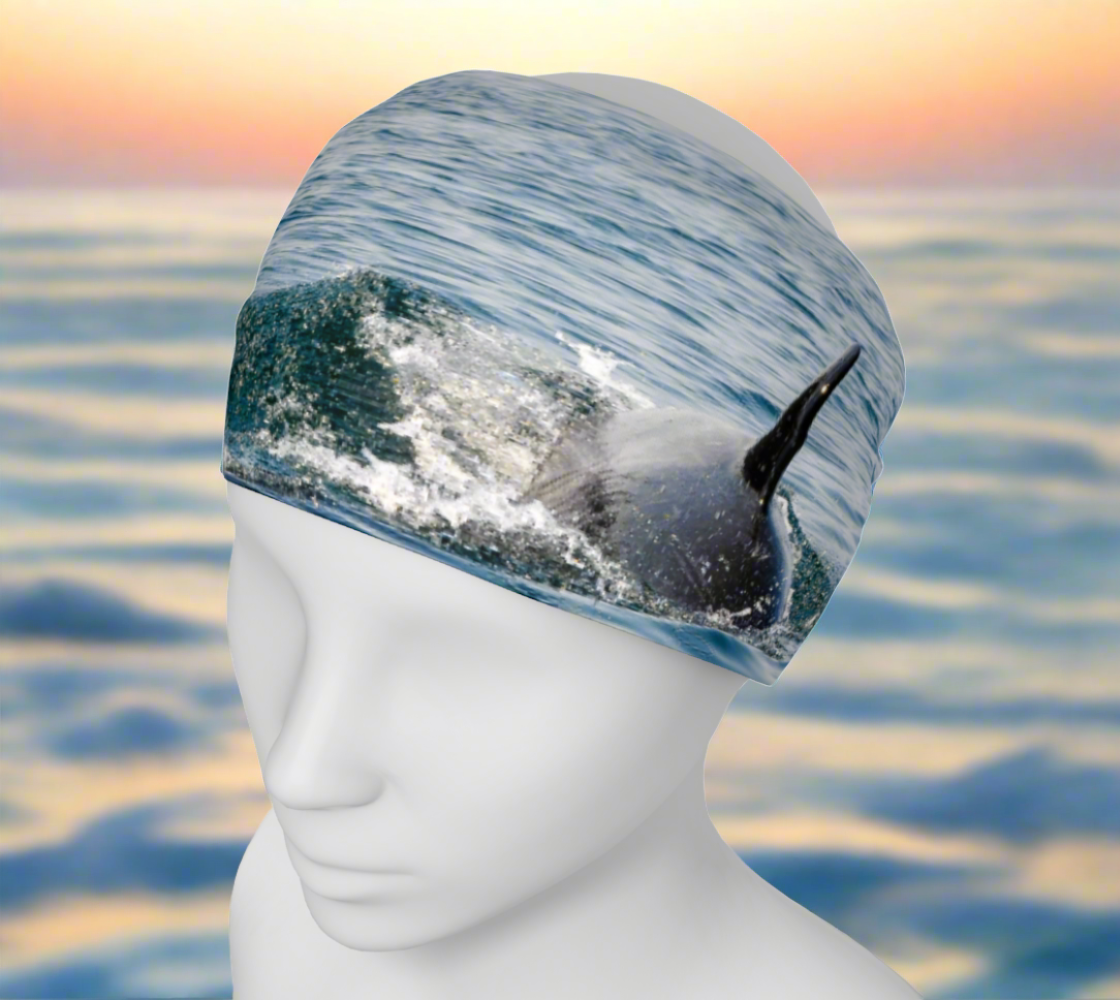 Orcas by my Side headband and or neck gaiter features a image of a Mama and Baby Orca in the Salish Sea.