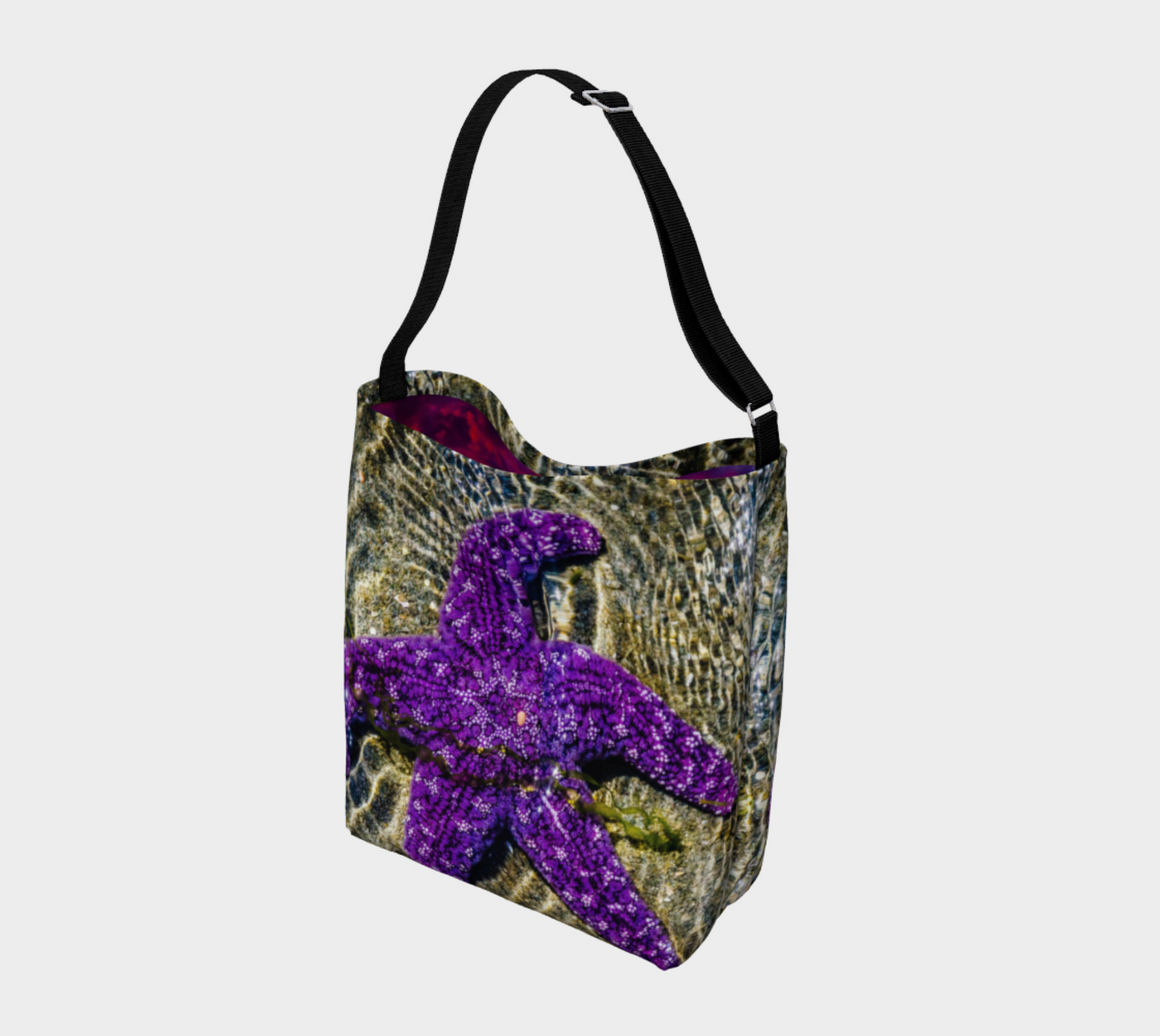 Neoprene Tote Bag features an starfish  on the front and sunset clouds on the inside.