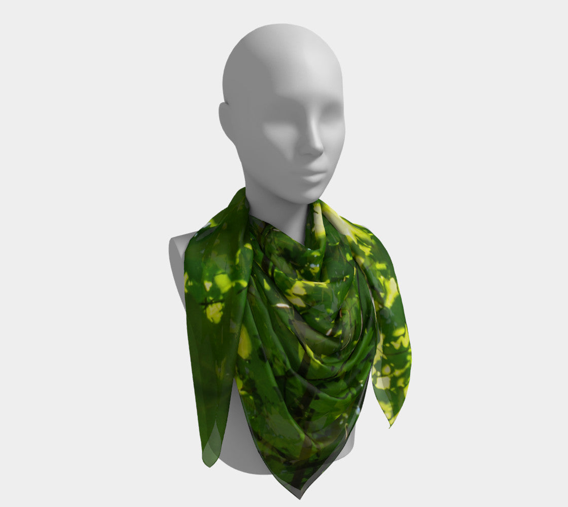 50" canopy of leaves square scarf shown worn around the neck