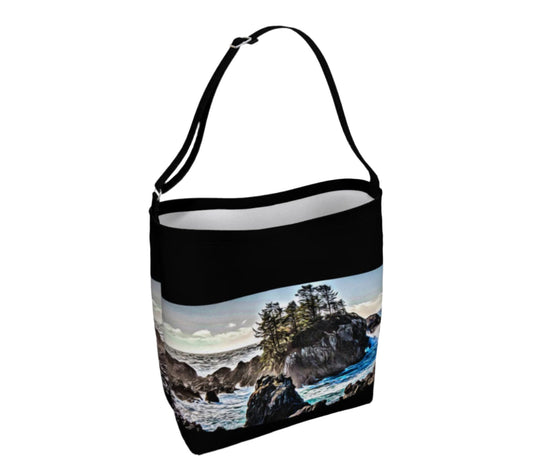 Coastal Energy Day Tote  Everyday Day Tote for Everything!  Van Isle Goddess ultimate tote bag!   Adjustable strap for comfort, the tote is made from soft and supple neoprene that stretches to fit whatever you can put in it!    Vibrant artwork that will never fade with washing.  Coastal Energy Artwork by  Roxy Hurtubise