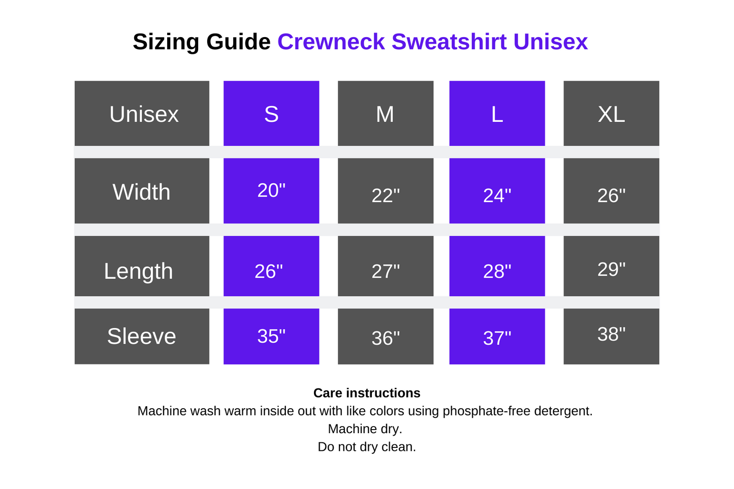 size chart crewneck sweatshirt