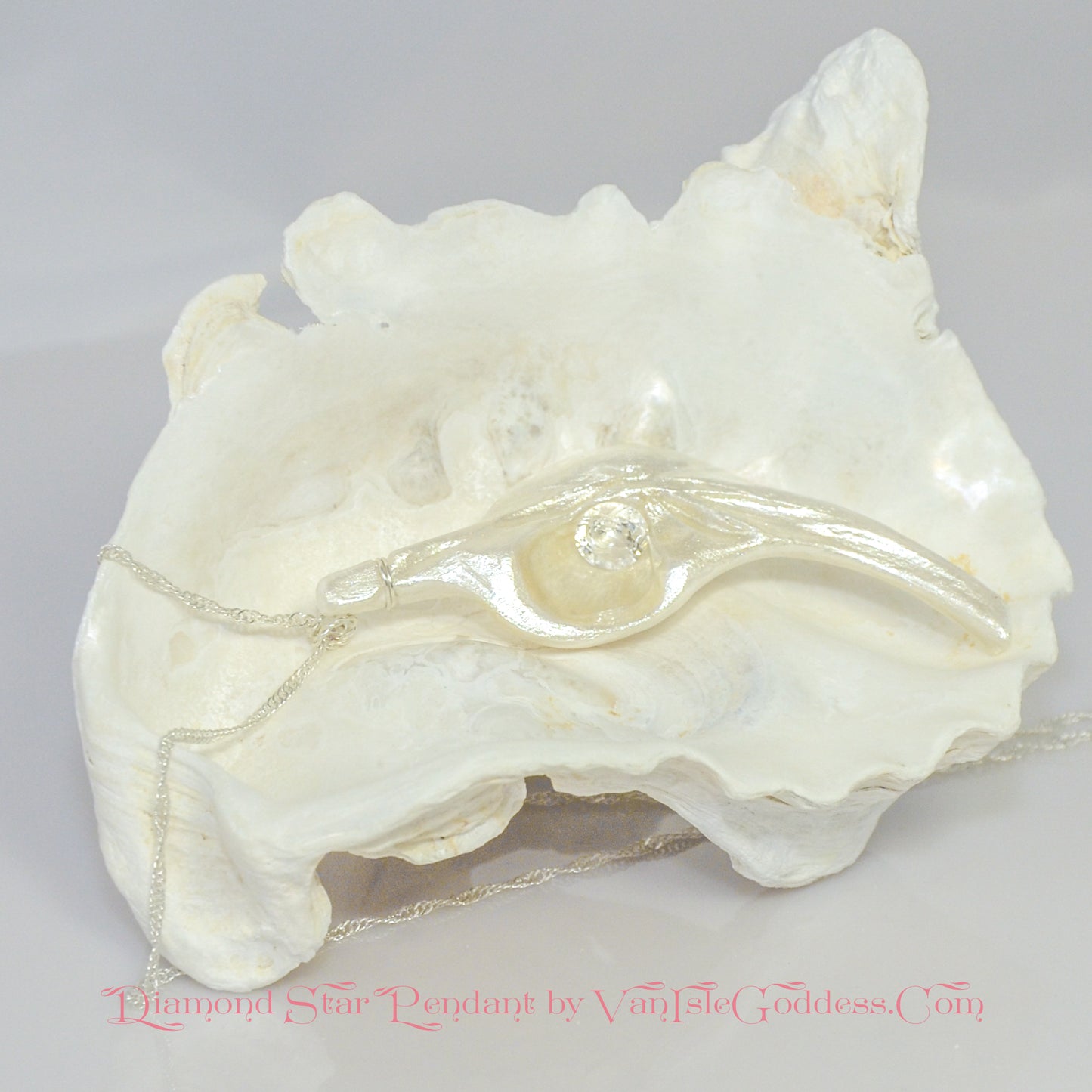 Diamond Star natural seashell pendant with eight mm faceted herkimer diamond. The pendant is laying in seashell.  The print on the bottom of the image says:  Diamond Star Pendant by van isle goddess dot com