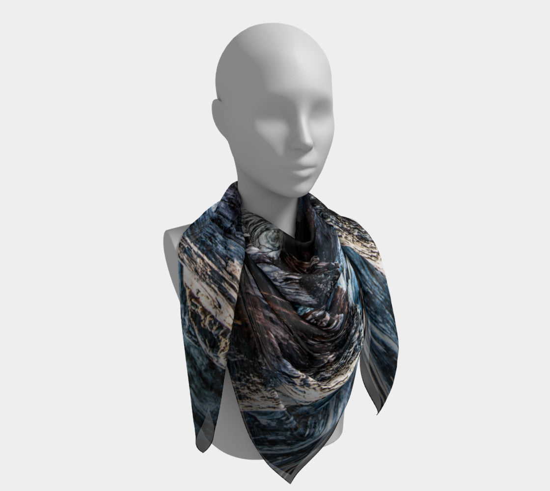 50" driftwood square scarf shown worn around the neck