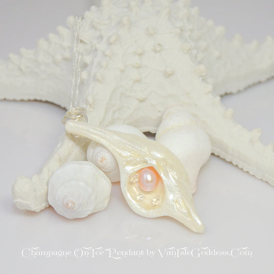 Champagne On Ice Freshwater Pearl Herkimer Diamonds Seashell Pendant