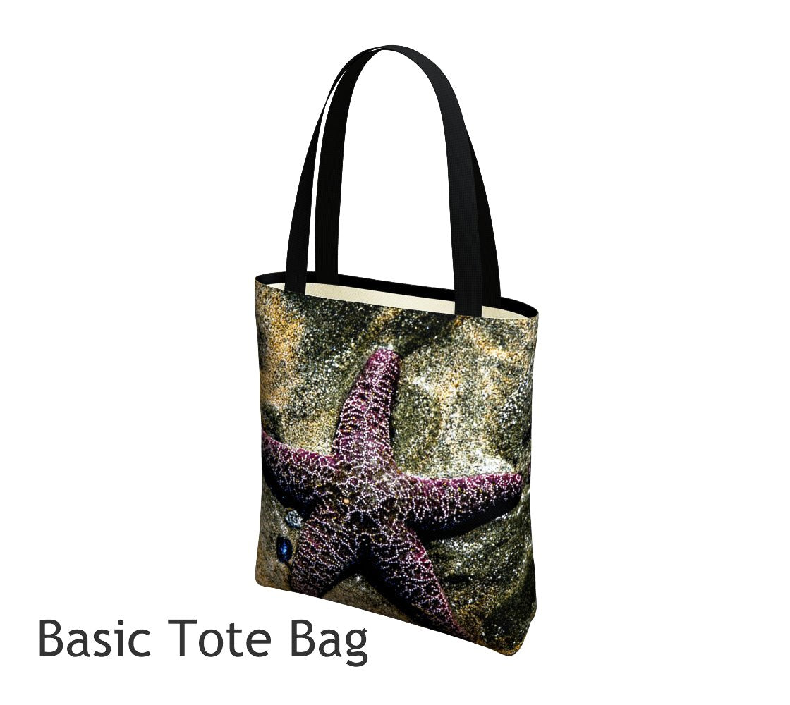 Starfish Tote Bag Basic and Urban Tote Bags featuring printed artwork by Roxy Hurtubise. 