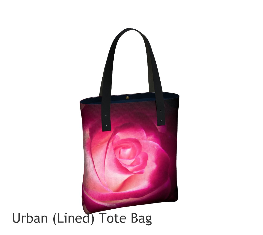 Illuminated Rose Basic and Urban Tote Bags featuring printed artwork by Roxy Hurtubise. 