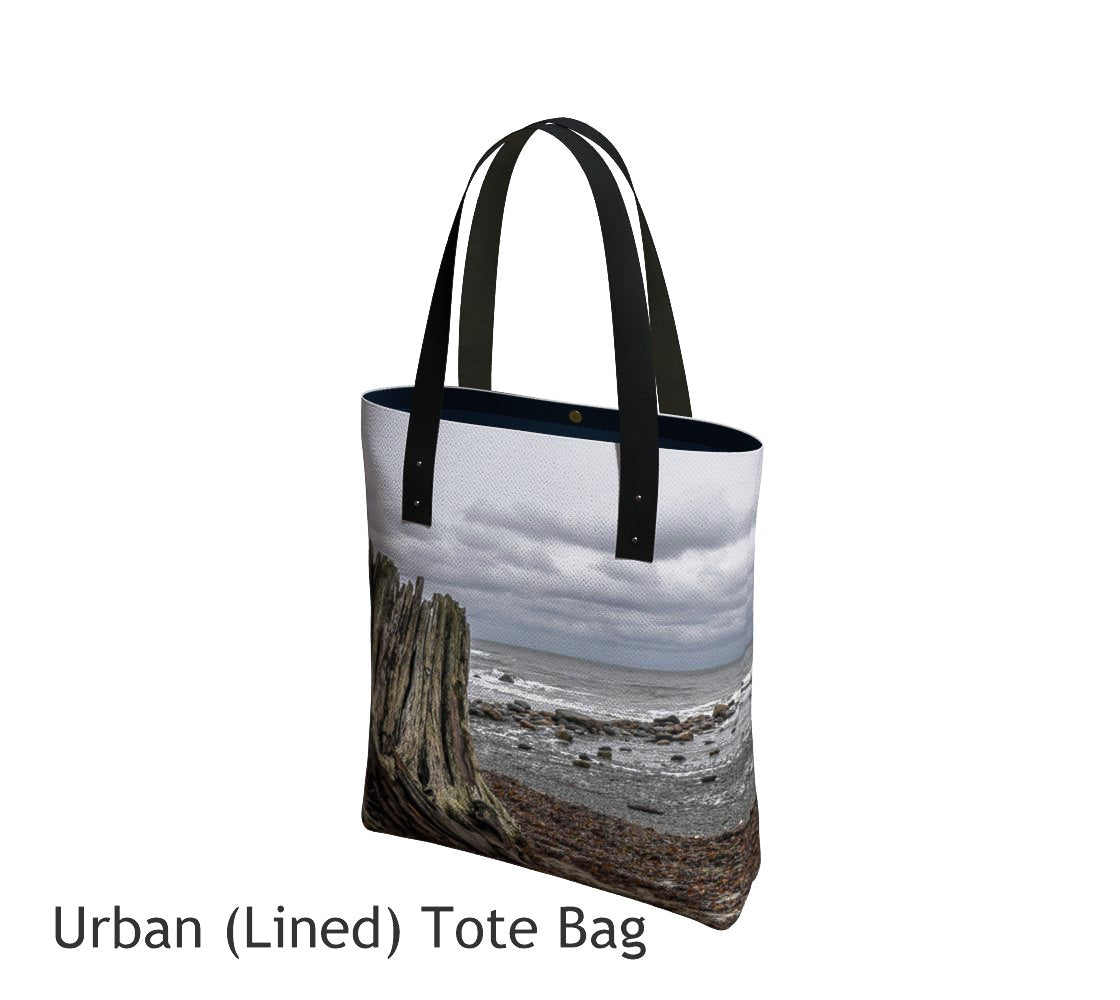 Gray Day Basic and Urban Tote Bags featuring printed artwork by Roxy Hurtubise. 