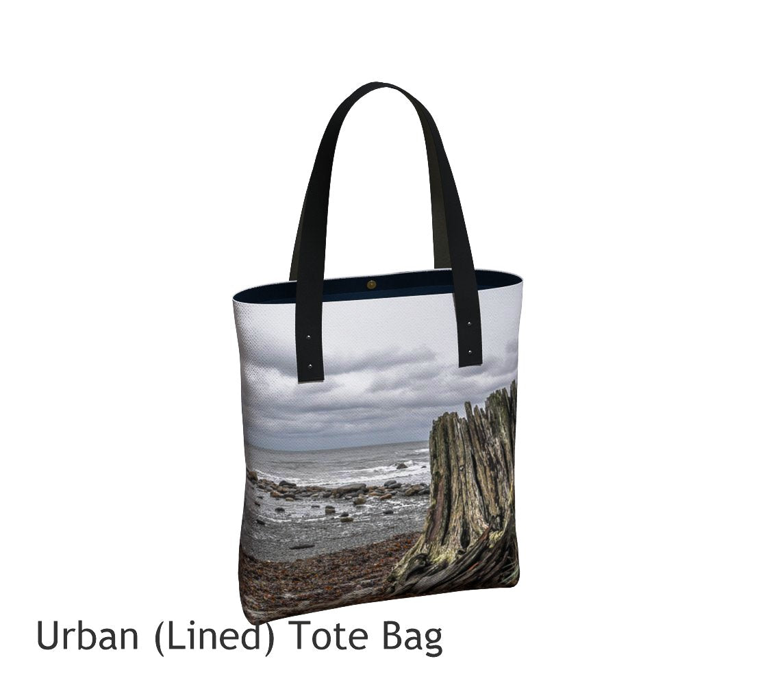 Gray Day Basic and Urban Tote Bags featuring printed artwork by Roxy Hurtubise. 