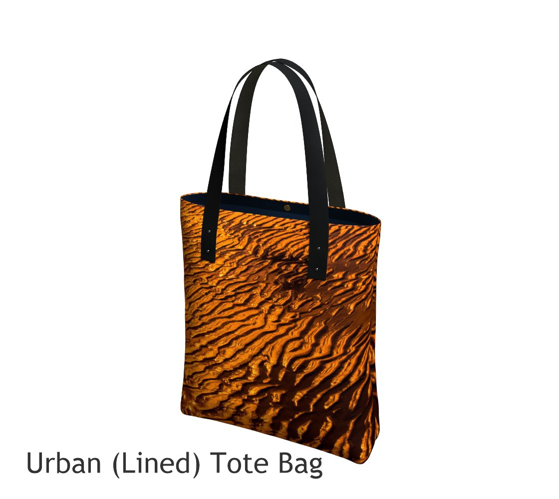 Golden Sand Basic and Urban Tote Bags featuring printed artwork by Roxy Hurtubise. 