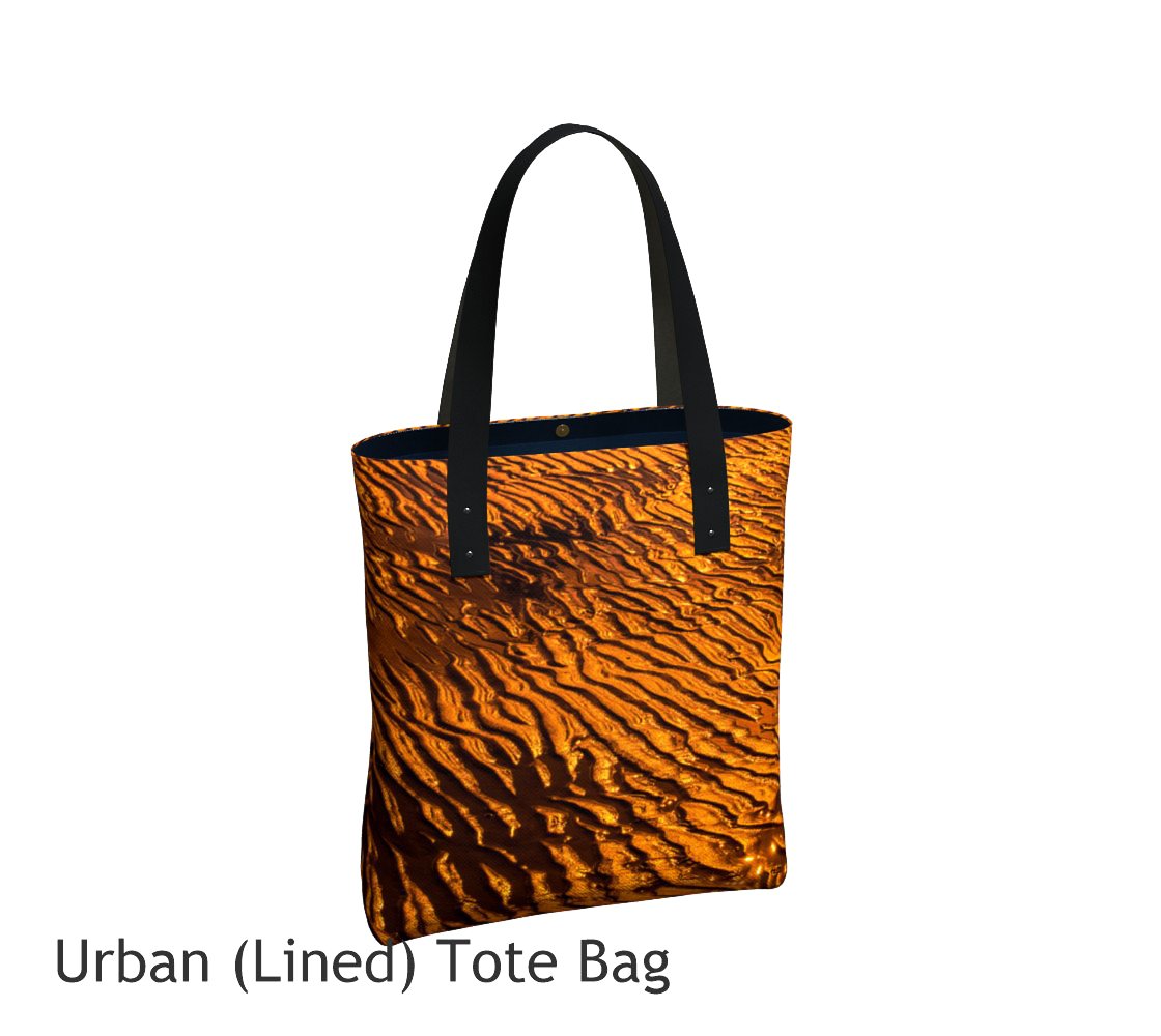 Golden Sand Basic and Urban Tote Bags featuring printed artwork by Roxy Hurtubise. 