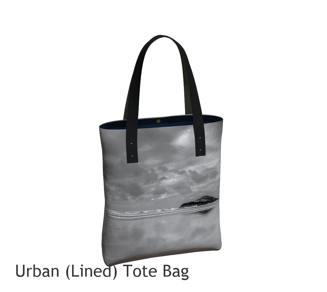 Long Beach Tofino Basic and Urban Tote Bags featuring printed artwork by Roxy Hurtubise. 