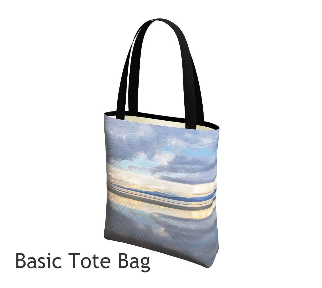 Light Language Parksville Beach Basic and Urban Tote Bags featuring printed artwork by Roxy Hurtubise. 