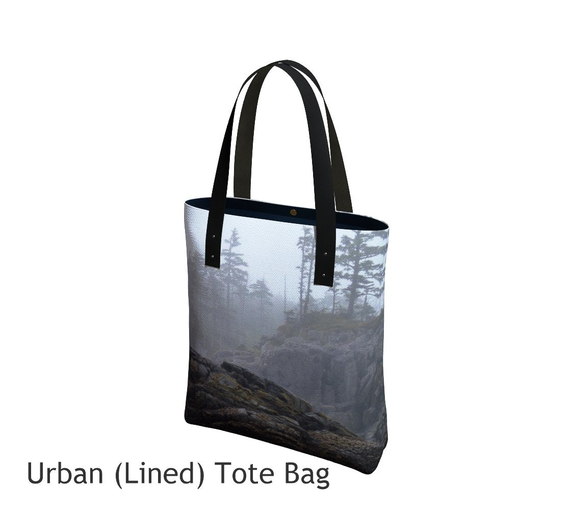 West Coast Landscape Fog Tote Bag Basic and Urban Tote Bags featuring printed artwork by Roxy Hurtubise. 