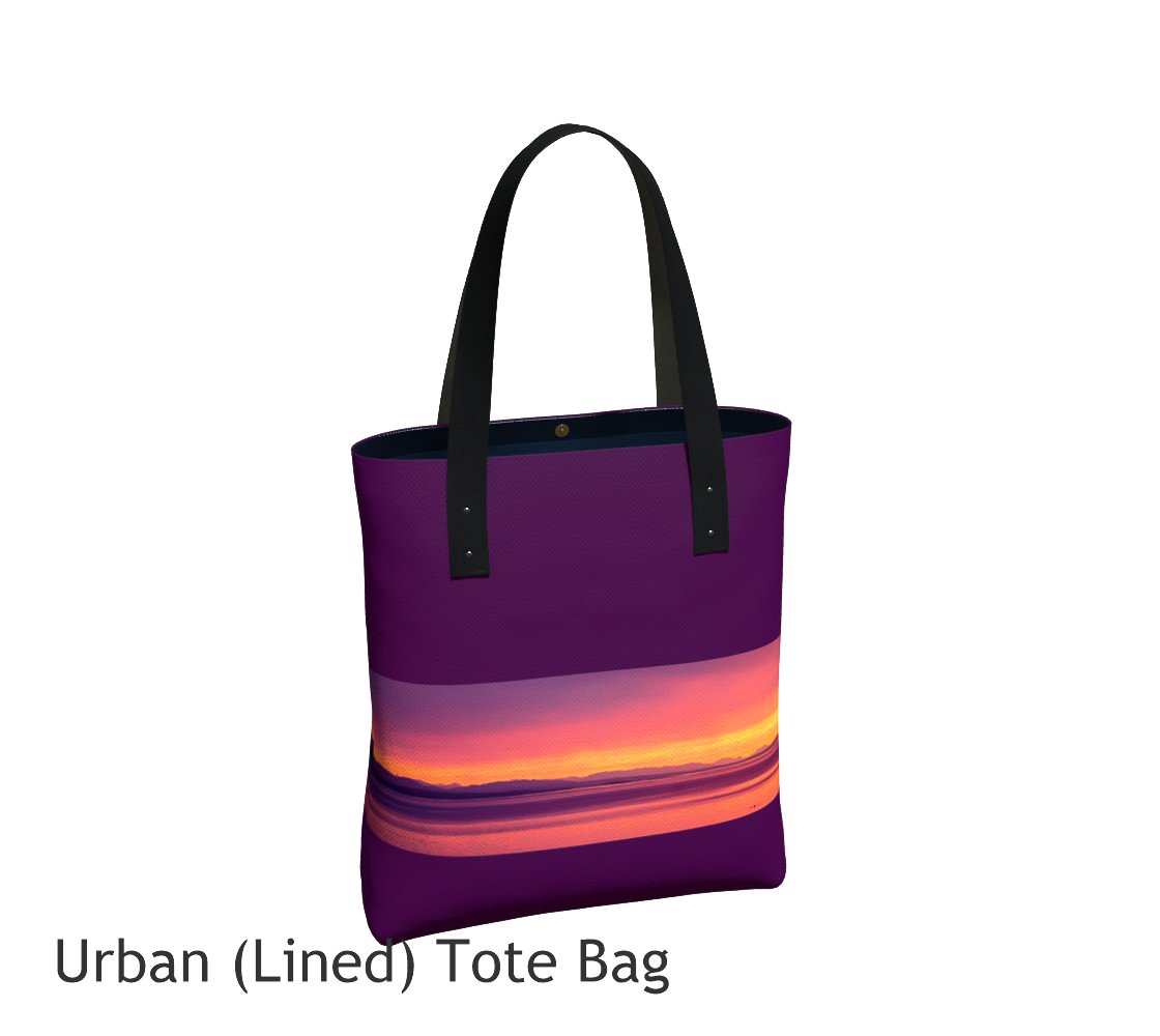 Vancouver Island Sunset Basic and Urban Tote Bags featuring printed artwork by Roxy Hurtubise. 