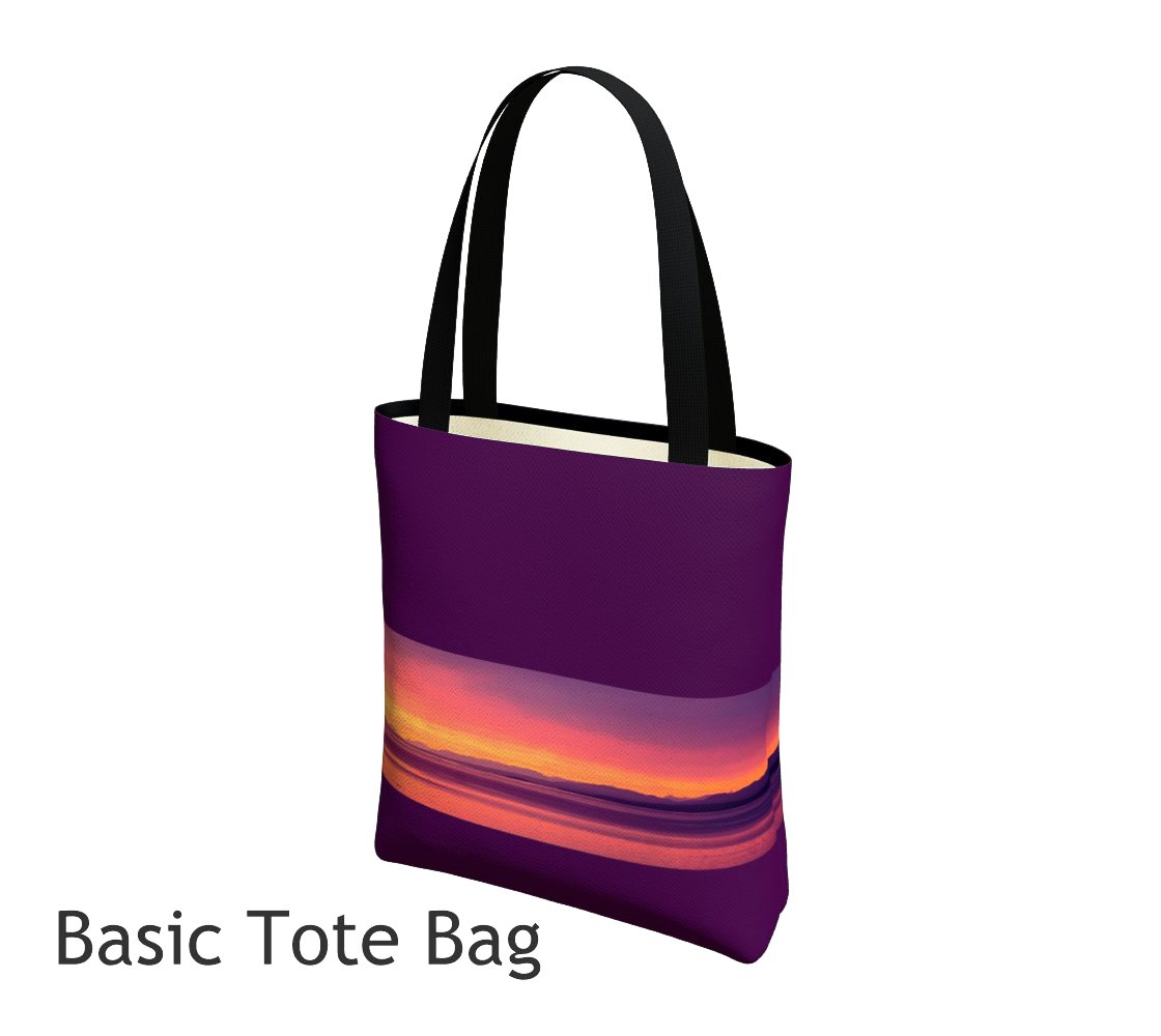 Vancouver Island Sunset Basic and Urban Tote Bags featuring printed artwork by Roxy Hurtubise. 