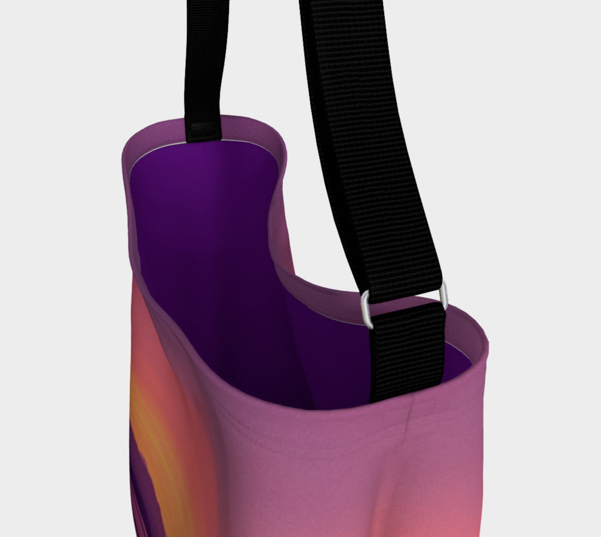 Vancouver Island Sunset Day Tote  Everyday Day Tote for Everything!  Van Isle Goddess ultimate tote bag!   Adjustable strap for comfort, the tote is made from soft and supple neoprene that stretches to fit whatever you can put in it!    Vibrant artwork that will never fade with washing.  Vancouver Island Sunset Artwork by  Roxy Hurtubise with purple interior.