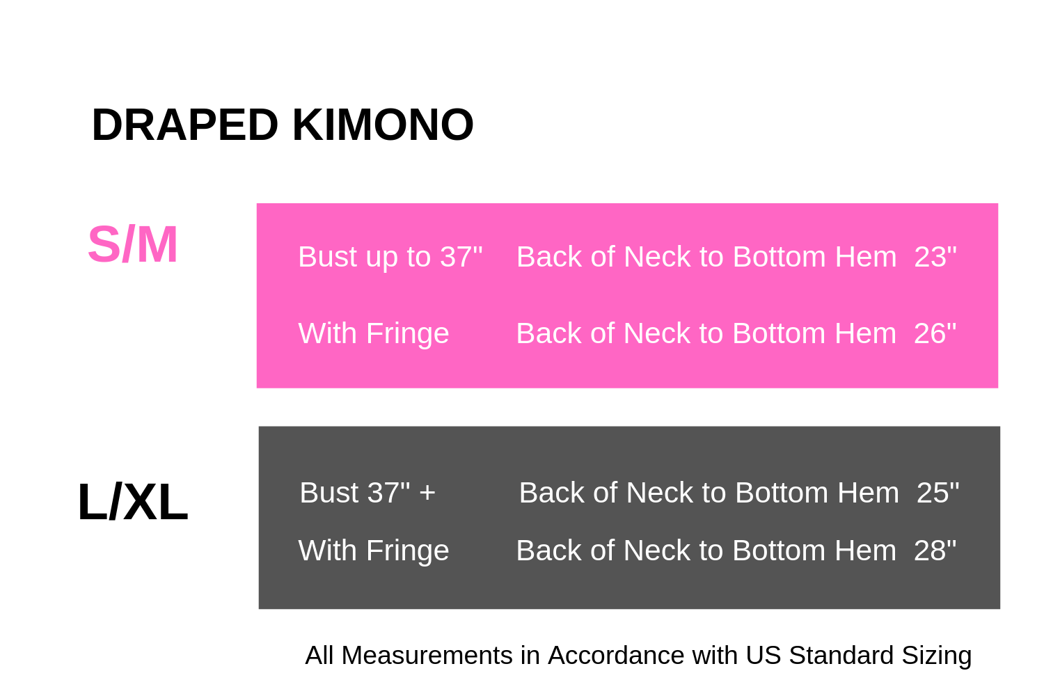 Size guide for the draped kimono.