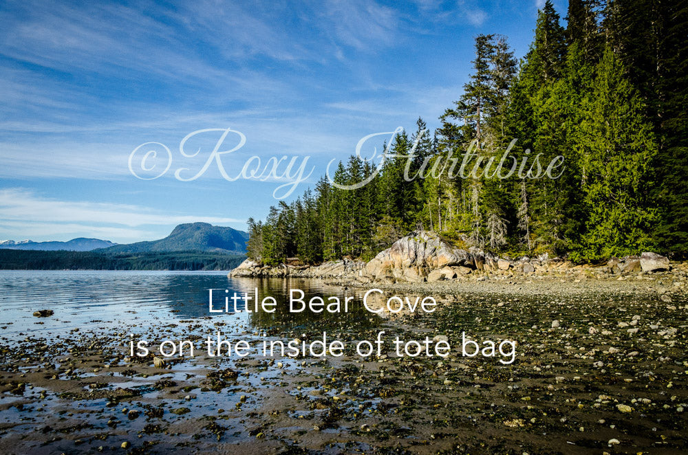 A image of Little Bear Cove on Vancouver Island is printed on the interior of the tote bag.
