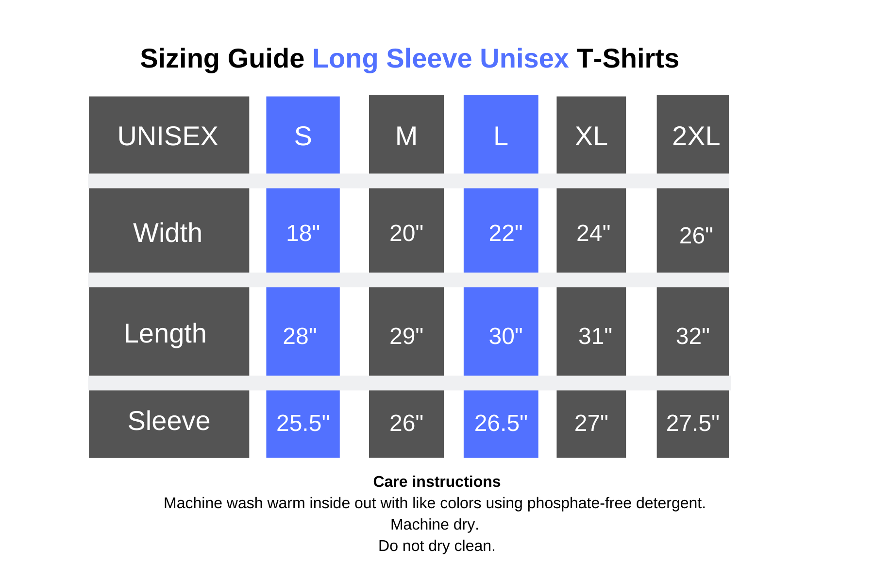 Size guide for long sleeve unisex t-shirts