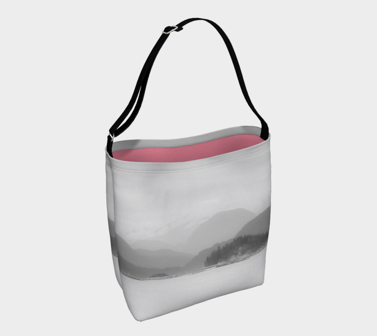 Pacific Mist Day Tote  Everyday Day Tote for Everything!  Van Isle Goddess ultimate tote bag!   Adjustable strap for comfort, the tote is made from soft and supple neoprene that stretches to fit whatever you can put in it!    Vibrant artwork that will never fade with washing.  Pacific Mist Artwork by  Roxy Hurtubise with solid pastel pink color interior.