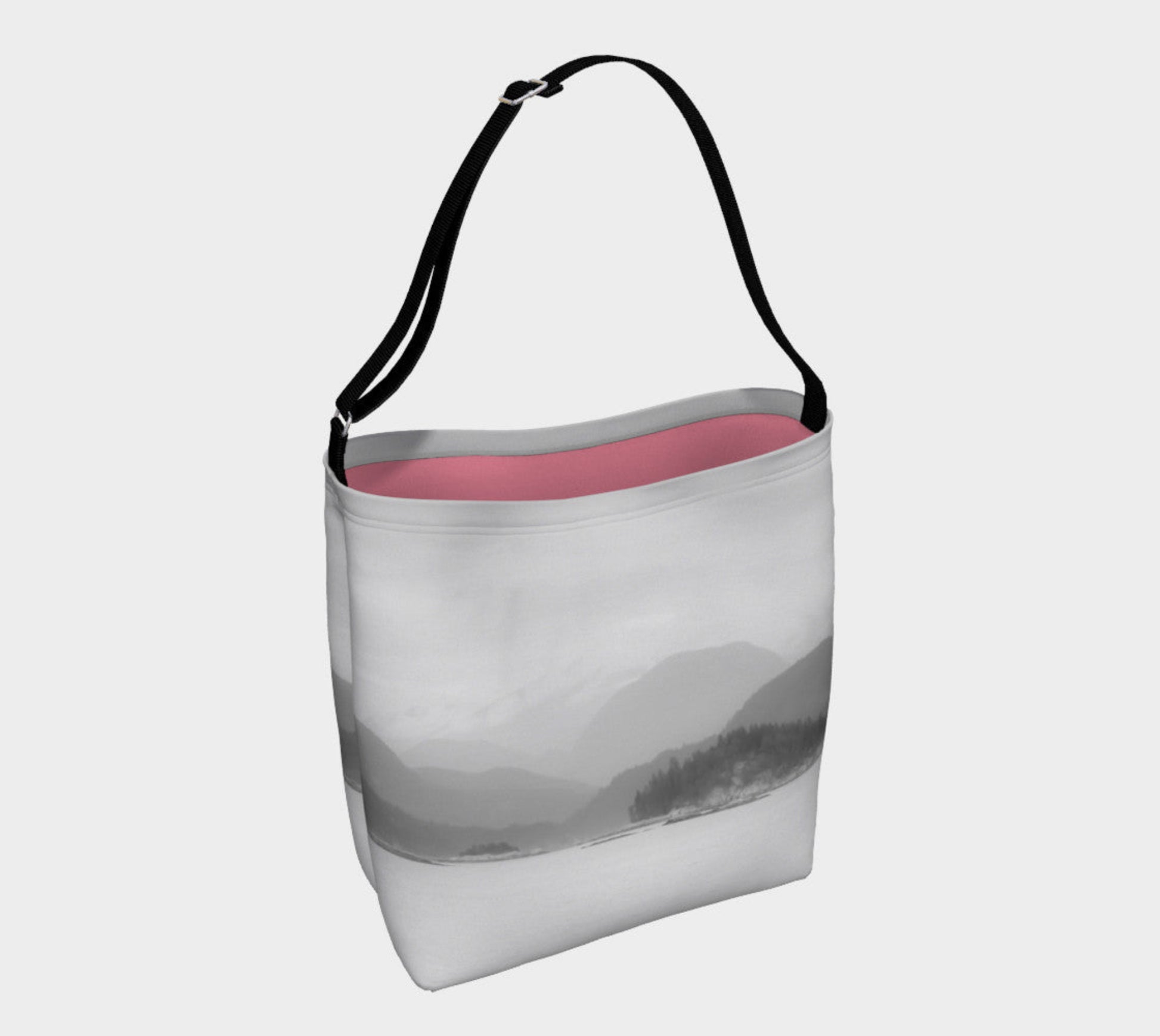 Pacific Mist Day Tote  Everyday Day Tote for Everything!  Van Isle Goddess ultimate tote bag!   Adjustable strap for comfort, the tote is made from soft and supple neoprene that stretches to fit whatever you can put in it!    Vibrant artwork that will never fade with washing.  Pacific Mist Artwork by  Roxy Hurtubise with solid pastel pink color interior.