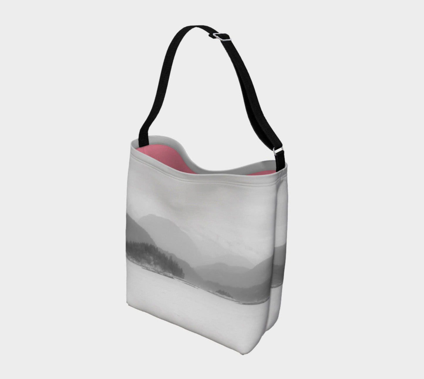 Pacific Mist Day Tote  Everyday Day Tote for Everything!  Van Isle Goddess ultimate tote bag!   Adjustable strap for comfort, the tote is made from soft and supple neoprene that stretches to fit whatever you can put in it!    Vibrant artwork that will never fade with washing.  Pacific Mist Artwork by  Roxy Hurtubise with solid pastel pink color interior.
