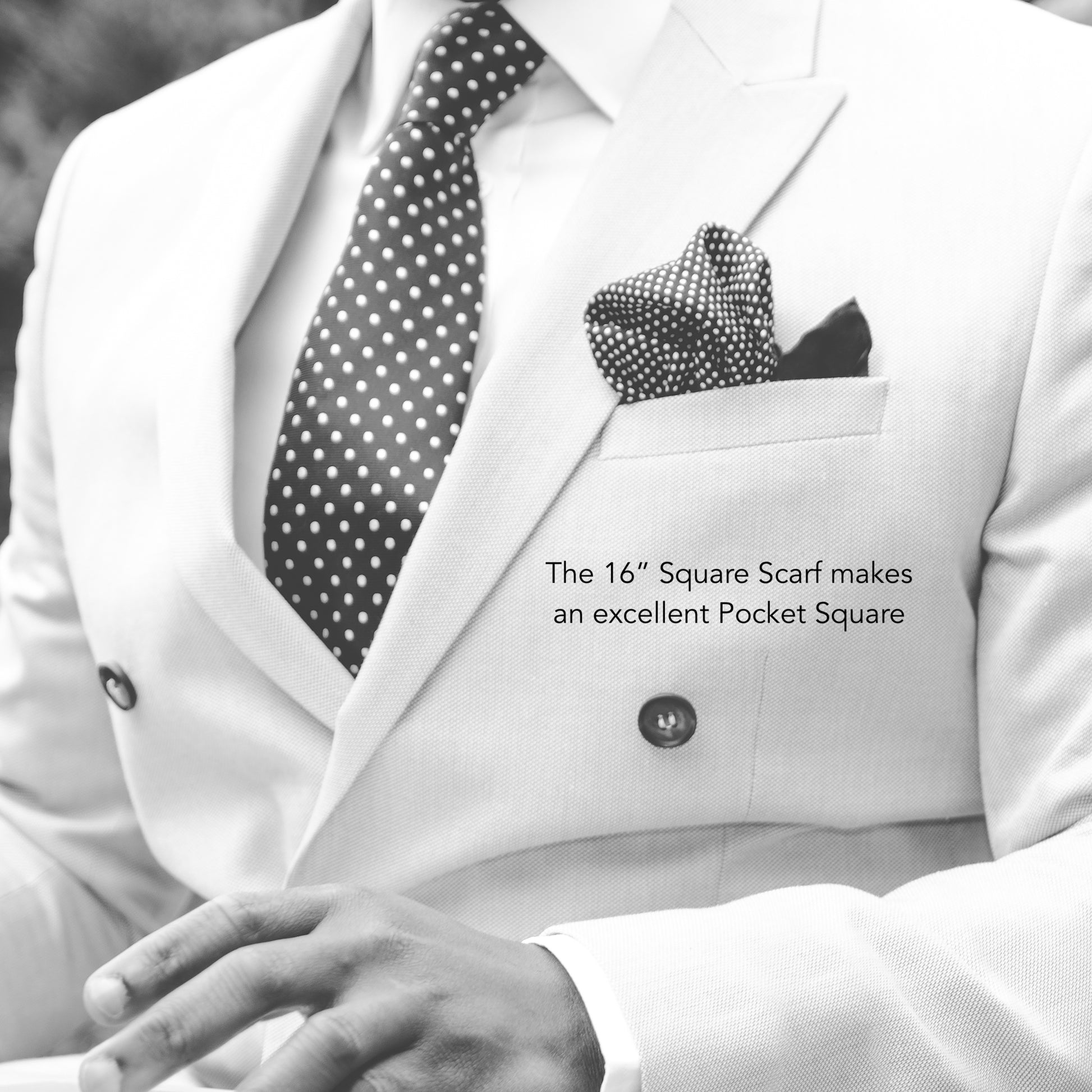 16 inch square scarf shown worn as a men's pocket square