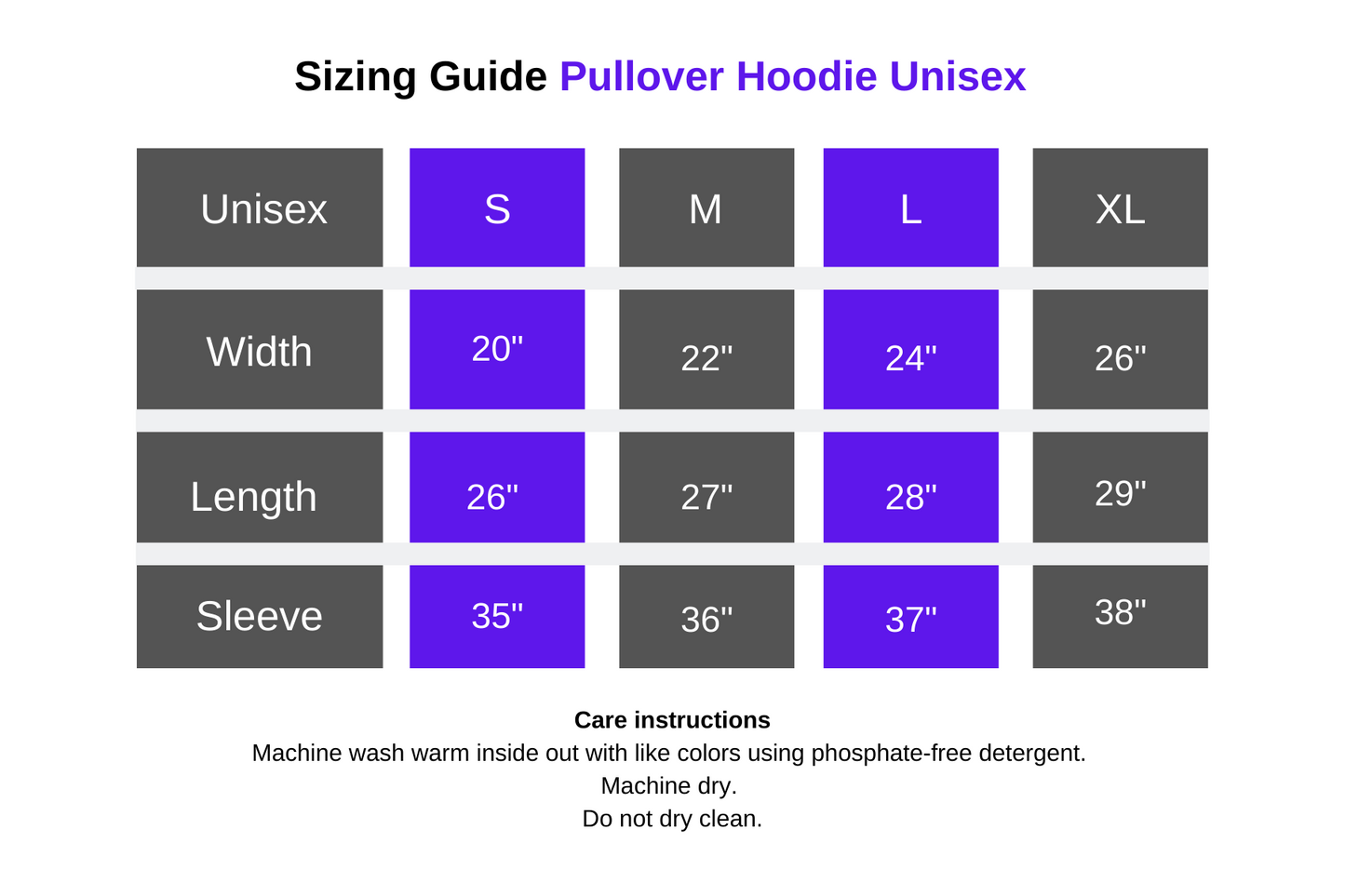 Size Guide for Unisex Pullover Hoodie