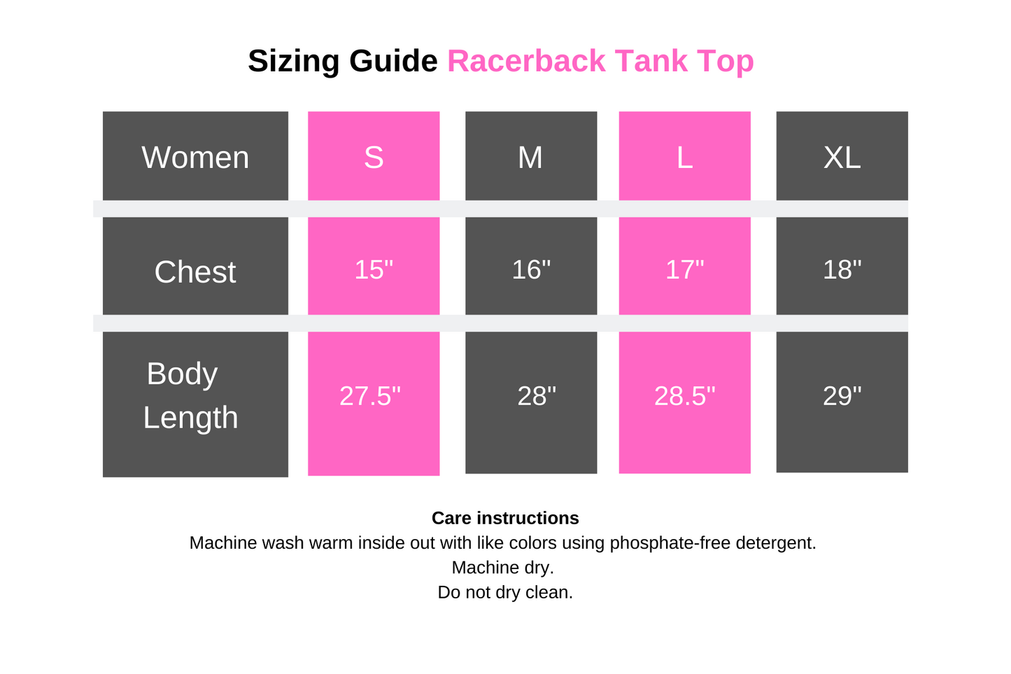 Size guide for VanIsleGoddess.com racerback tank top