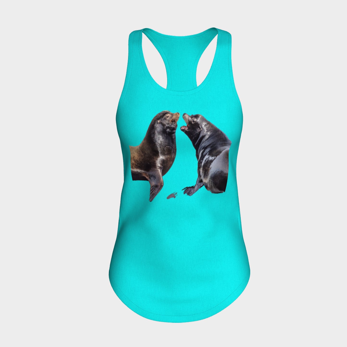 Communication Sea Lions Racerback Tank Top  Excellent choice for the summer or for working out.   Made from 60% spun cotton and 40% poly for a mix of comfort and performance, you get it all (including my photography and digital art) with this custom printed racerback tank top.  Van Isle Goddess Next Level racerback tank top will quickly become you go-to tank top because of the super comfy fit!