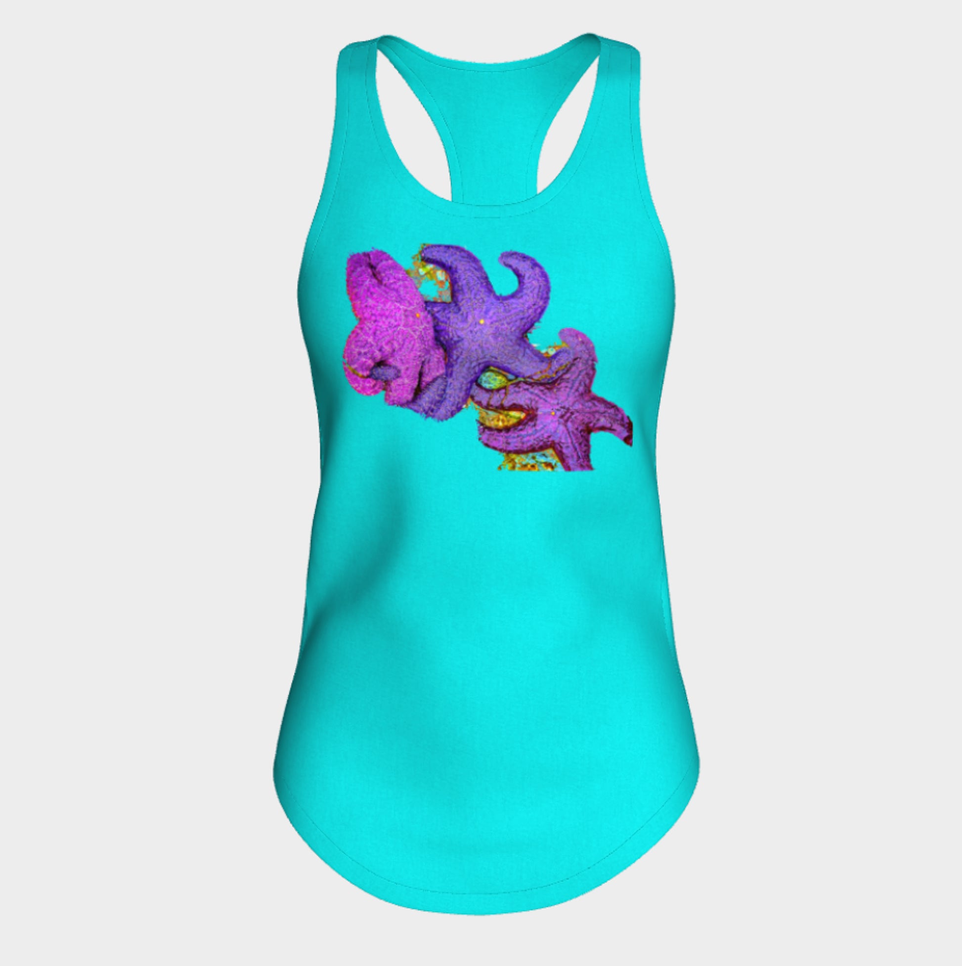 Starfish Cluster Racerback Tank Top  Excellent choice for the summer or for working out.   Made from 60% spun cotton and 40% poly for a mix of comfort and performance, you get it all (including my photography and digital art) with this custom printed racerback tank top.   Van Isle Goddess Next Level racerback tank top will quickly become you go-to tank top because of the super comfy fit!