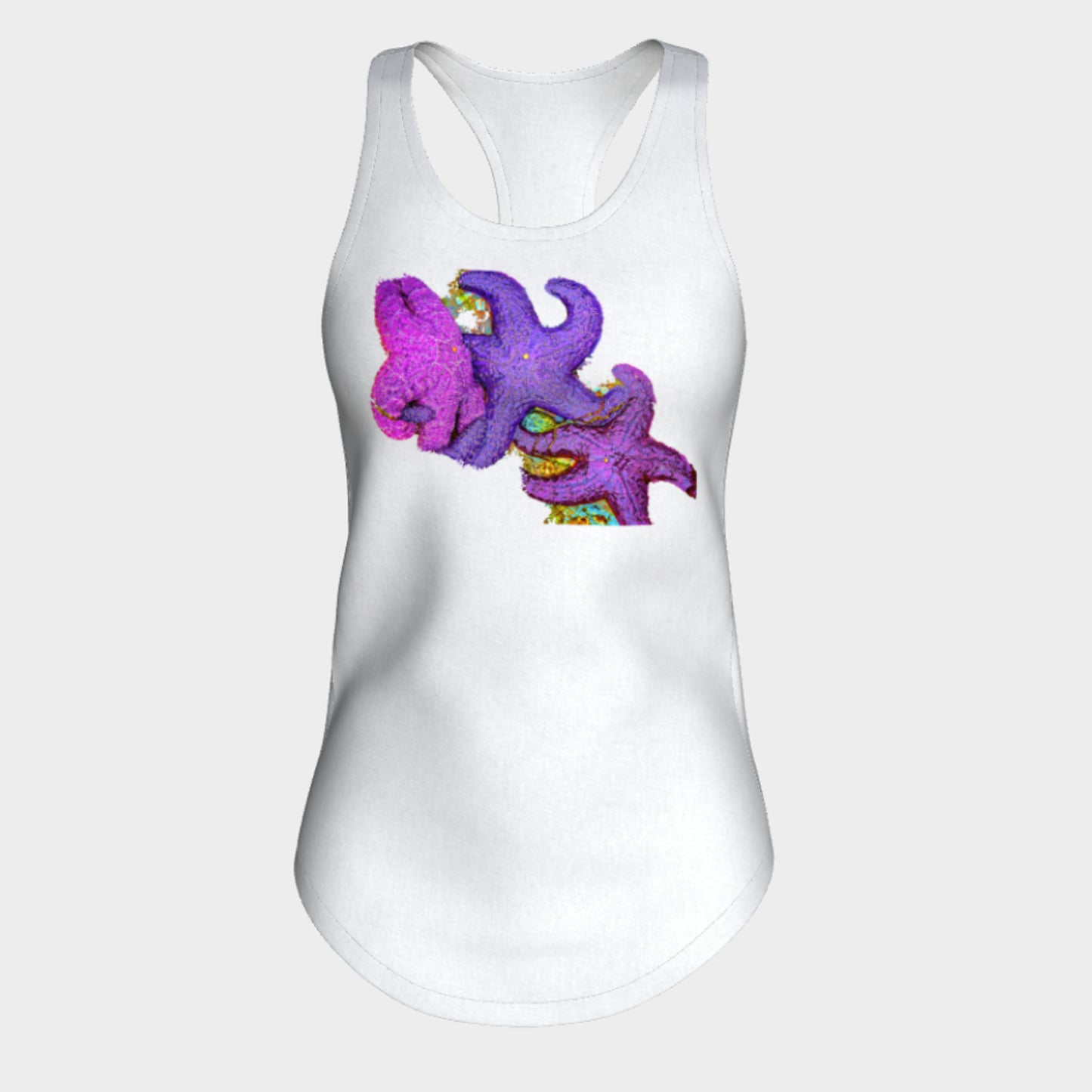 Starfish Cluster Racerback Tank Top  Excellent choice for the summer or for working out.   Made from 60% spun cotton and 40% poly for a mix of comfort and performance, you get it all (including my photography and digital art) with this custom printed racerback tank top.   Van Isle Goddess Next Level racerback tank top will quickly become you go-to tank top because of the super comfy fit!