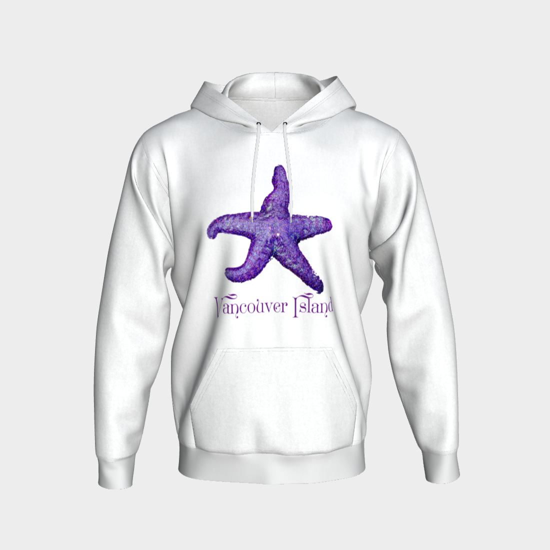Starfish Vancouver Island Unisex Pullover Hoodie Your Van Isle Goddess unisex pullover hoodie is a great classic hoodie!  Created with state of the art tri-tex material which is a non-shrink poly middle encased in two layers of ultra soft cotton face and lining.  Features:  super cozy fluffy cotton lining double fleece lined hood kangaroo pocket flat drawcord non shrink fabric unisex fit designed to suit diverse body types