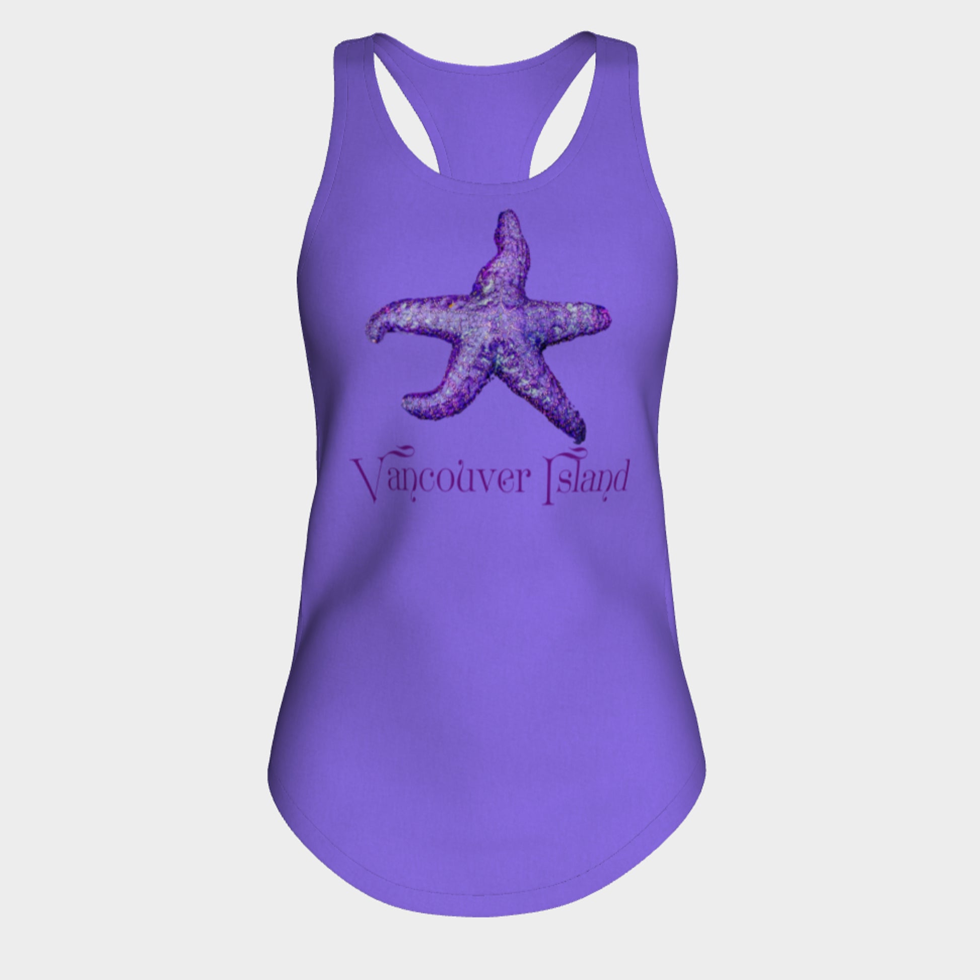 Starfish Vancouver Island Racerback Tank Top  Excellent choice for the summer or for working out.   Made from 60% spun cotton and 40% poly for a mix of comfort and performance, you get it all (including my photography and digital art) with this custom printed racerback tank top.   Van Isle Goddess Next Level racerback tank top will quickly become you go-to tank top because of the super comfy fit!
