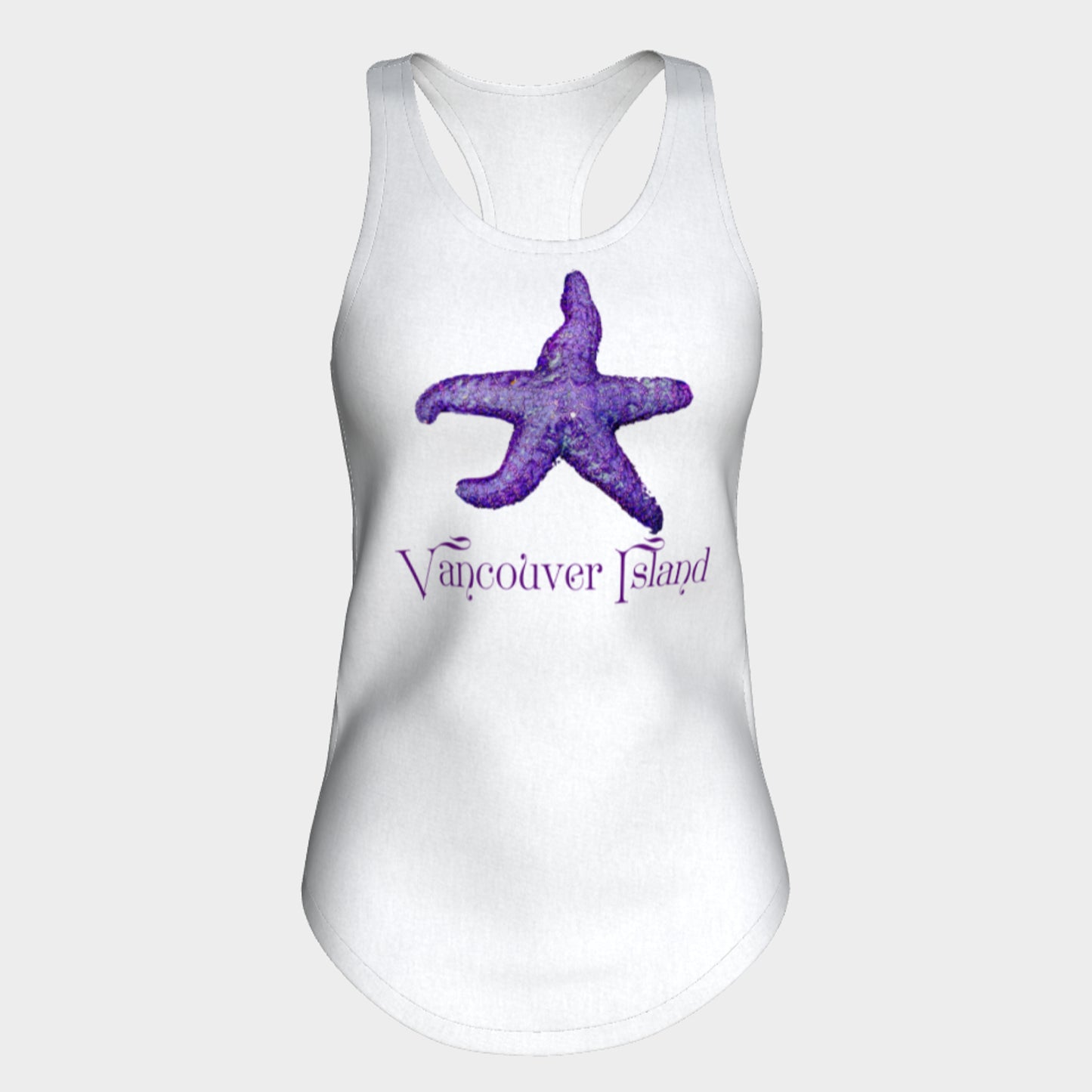 Starfish Vancouver Island Racerback Tank Top  Excellent choice for the summer or for working out.   Made from 60% spun cotton and 40% poly for a mix of comfort and performance, you get it all (including my photography and digital art) with this custom printed racerback tank top.   Van Isle Goddess Next Level racerback tank top will quickly become you go-to tank top because of the super comfy fit!
