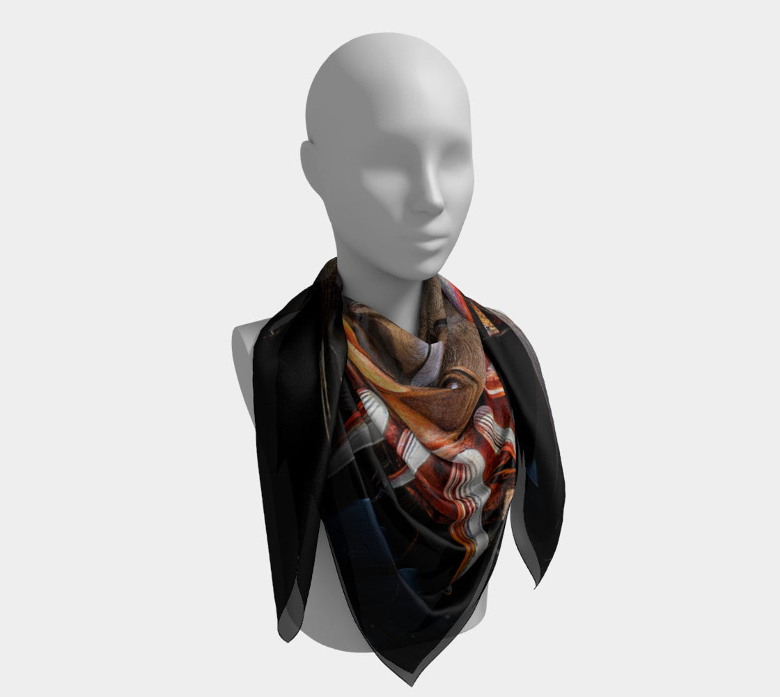 Sun Mask 50 inch Square Scarf Worn around the neck by vanislegoddess.com