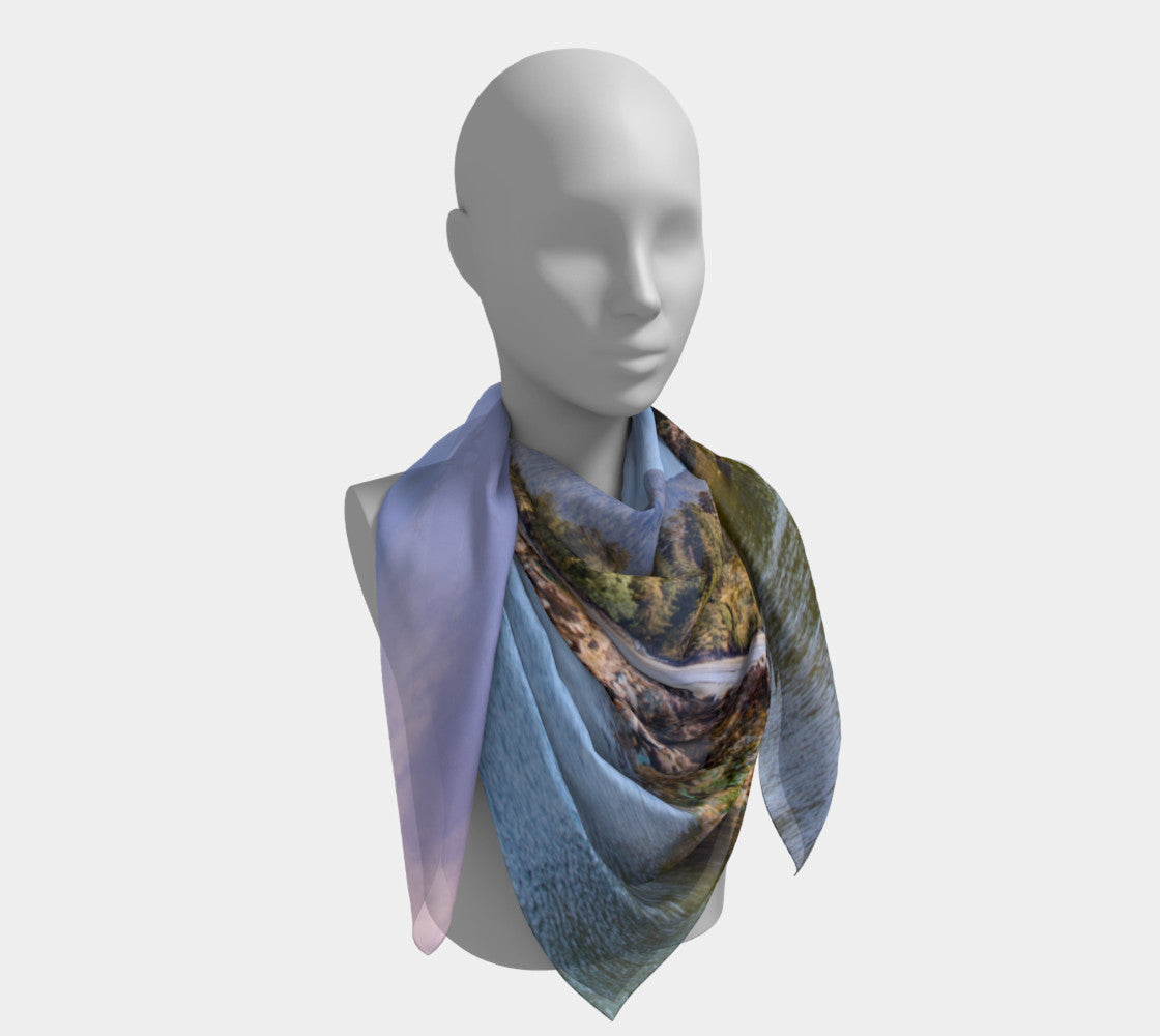 Tofino Inlet 50 inch Square Scarf Worn around the neck by vanislegoddess.com