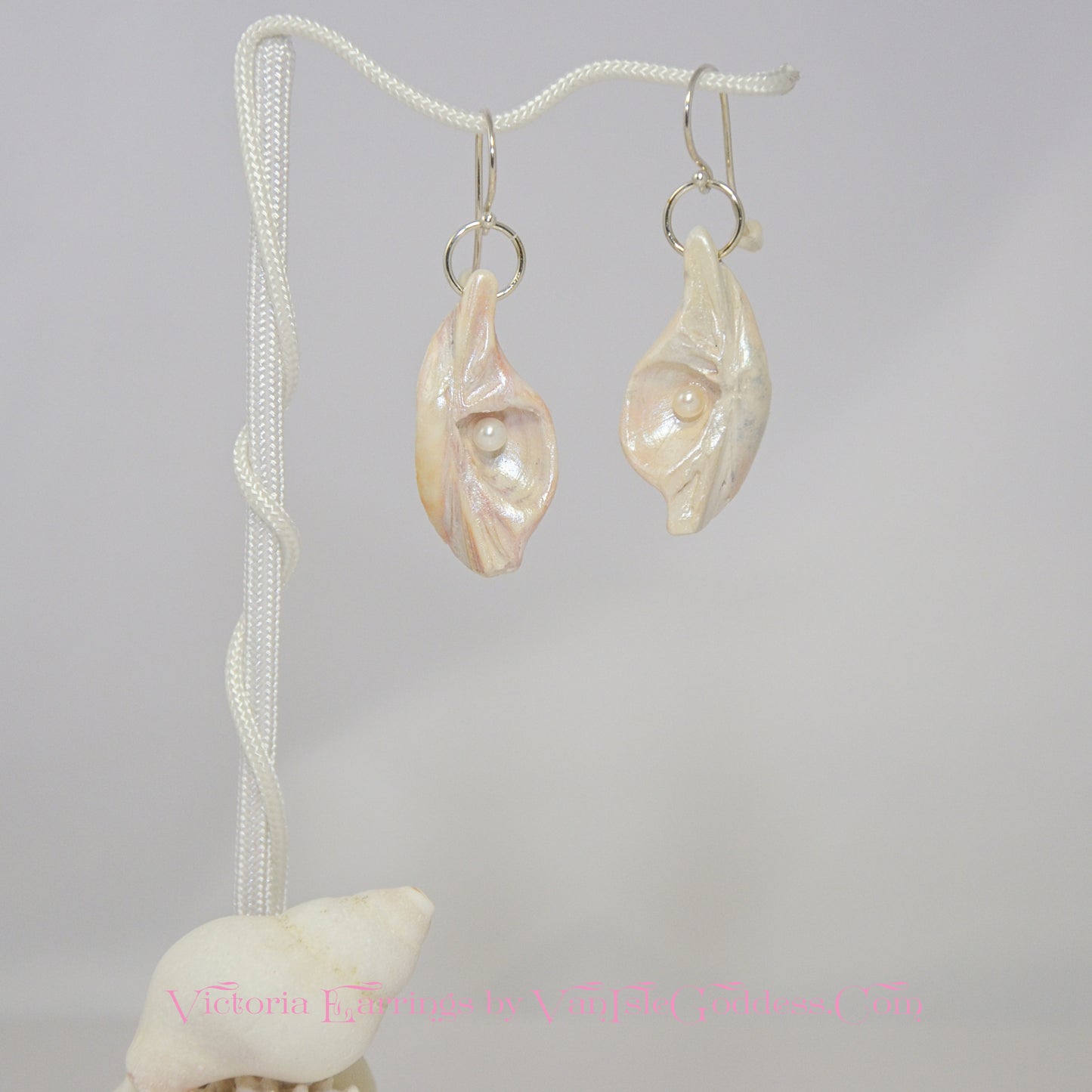 Victoria natural seashell earrings with real baby freshwater pearls. 