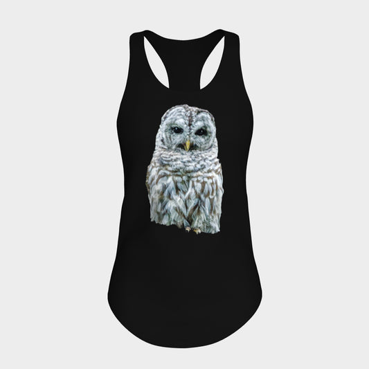 Wise Owl Racerback Tank Top  Excellent choice for the summer or for working out.   Made from 60% spun cotton and 40% poly for a mix of comfort and performance, you get it all (including my photography and digital art) with this custom printed racerback tank top.   Van Isle Goddess Next Level racerback tank top will quickly become you go-to tank top because of the super comfy fit!