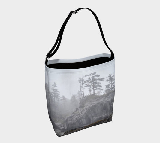 West Coast Ocean Fog Day Tote  Everyday Day Tote for Everything!  Van Isle Goddess ultimate tote bag!   Adjustable strap for comfort, the tote is made from soft and supple neoprene that stretches to fit whatever you can put in it!    Vibrant artwork that will never fade with washing.  West Coast Ocean Fog  Artwork by  Roxy Hurtubise with black and white interior.
