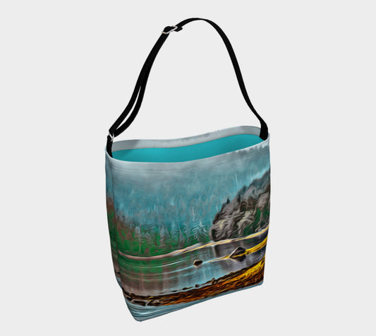 Aqua Ucluelet Inlet Day Tote  Everyday Day Tote for Everything!  Van Isle Goddess ultimate tote bag!   Adjustable strap for comfort, the tote is made from soft and supple neoprene that stretches to fit whatever you can put in it!    Vibrant artwork that will never fade with washing.  Aqua Ucluelet Inlet Artwork by  Roxy Hurtubise with turquoise interior.