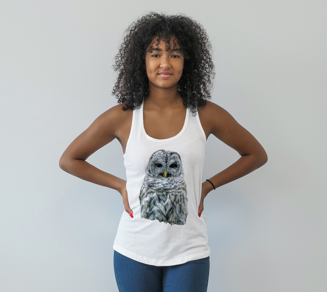 Wise Owl Racerback Tank Top  Excellent choice for the summer or for working out.   Made from 60% spun cotton and 40% poly for a mix of comfort and performance, you get it all (including my photography and digital art) with this custom printed racerback tank top.   Van Isle Goddess Next Level racerback tank top will quickly become you go-to tank top because of the super comfy fit!