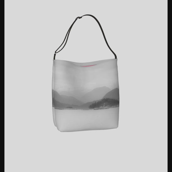 Video Pacific Mist Quadra Island Neoprene Day Tote: Enchanting Coastal Fog Print Bag