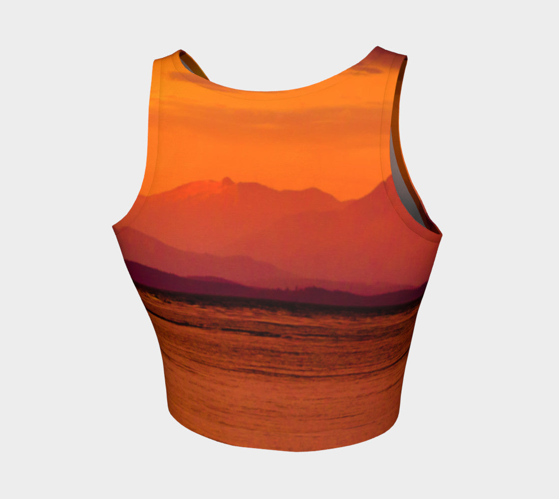 Saratoga Sunset Athletic Crop Top  Saratoga Sunset artwork by Roxy Hurtubise   Made to move with you!  Wear for your daily workouts, yoga, beach volleyball or as a bathing suit top!  Your Van Isle Goddess athletic crop top pairs up with our yoga or classic leggings and capris. Crop tops also look great with shorts, mini shorts, skirts fitted or flared.