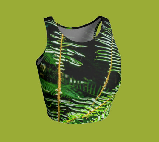 Rainforest Active Crop Top  features photography of the many ferns that grow on  Vancouver island.